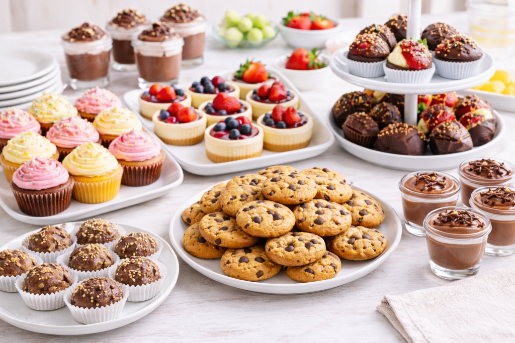 Mini desserts ideas displayed on a table, including cookies, cupcakes, and bite-sized treats