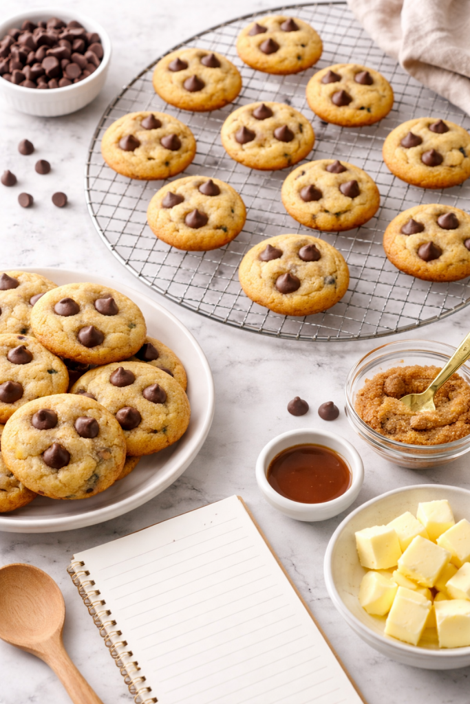 Freshly baked mini chocolate chip cookies cooling on a wire rack with baking ingredients on a kitchen counter