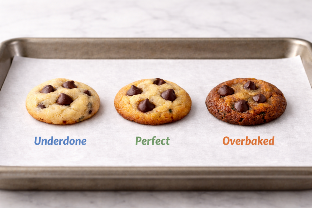 Three mini chocolate chip cookies on a baking sheet showing underdone, perfectly baked, and overbaked stages