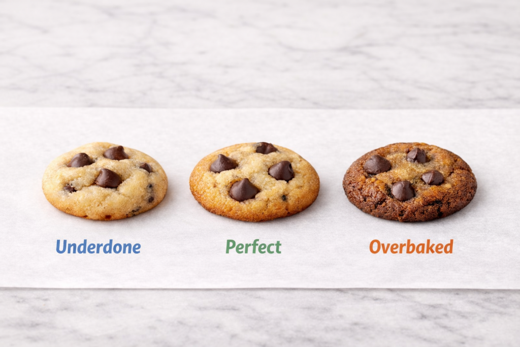 how to tell when mini cookies are done - Mini chocolate chip cookies on a clean kitchen counter showing soft centers and lightly golden edges