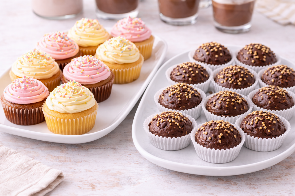 Mini cupcakes and brownie bites arranged in liners on a dessert table