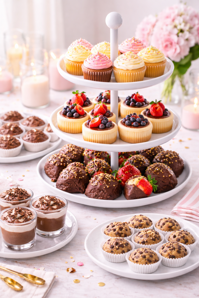 Tiered dessert stand filled with assorted mini desserts
