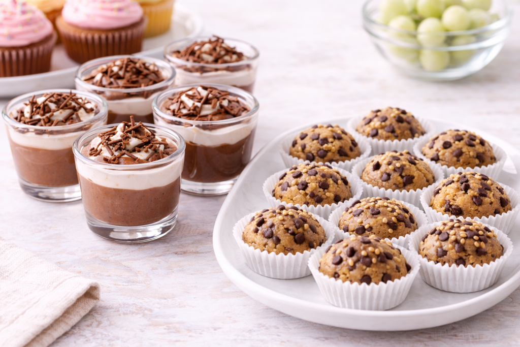 Mini dessert cups and cookie dough bites prepared for a party