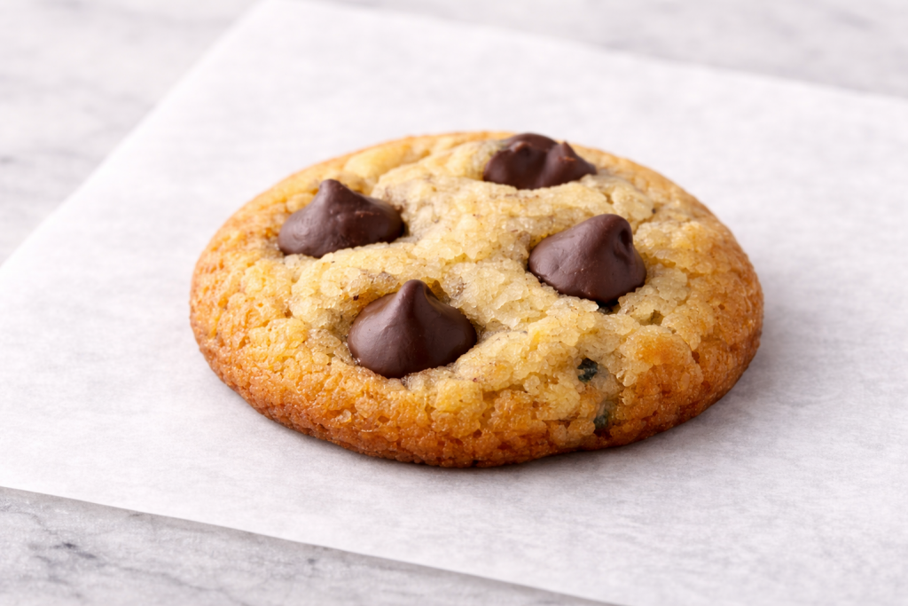 Single mini chocolate chip cookie with golden edges and a soft, slightly pale center on parchment paper