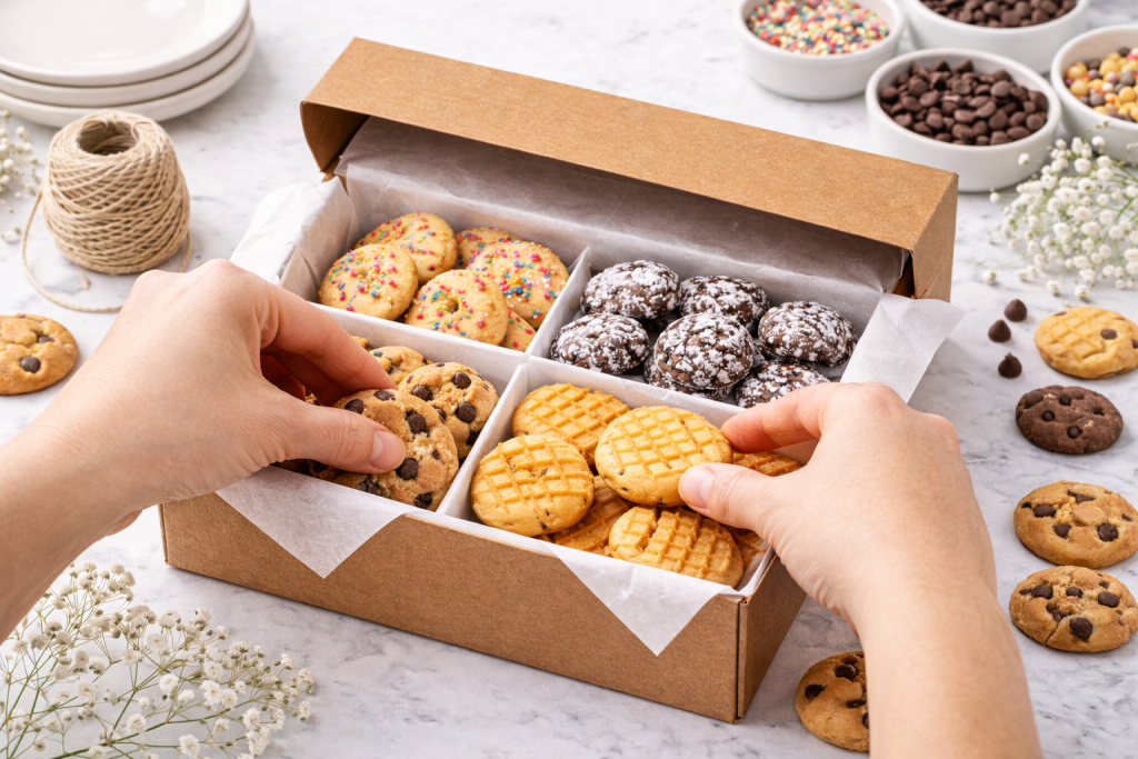 Hands arranging mini cookies into a gift box