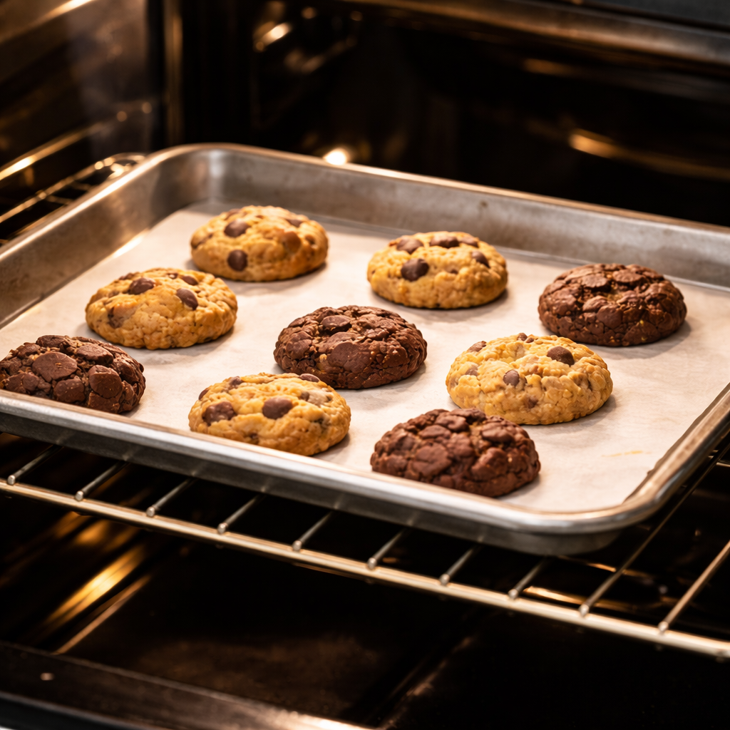 Mini cookies baking in the oven on a single tray