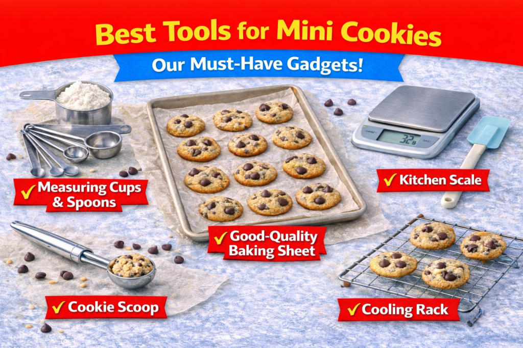 Best tools for baking mini cookies, including measuring cups, cookie scoop, baking sheet, kitchen scale, and cooling rack
