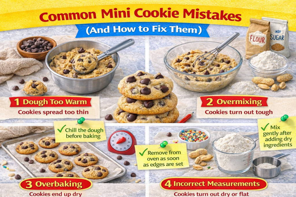 Common mini cookie baking mistakes and how to fix them, shown with dough, cookies, and baking tips