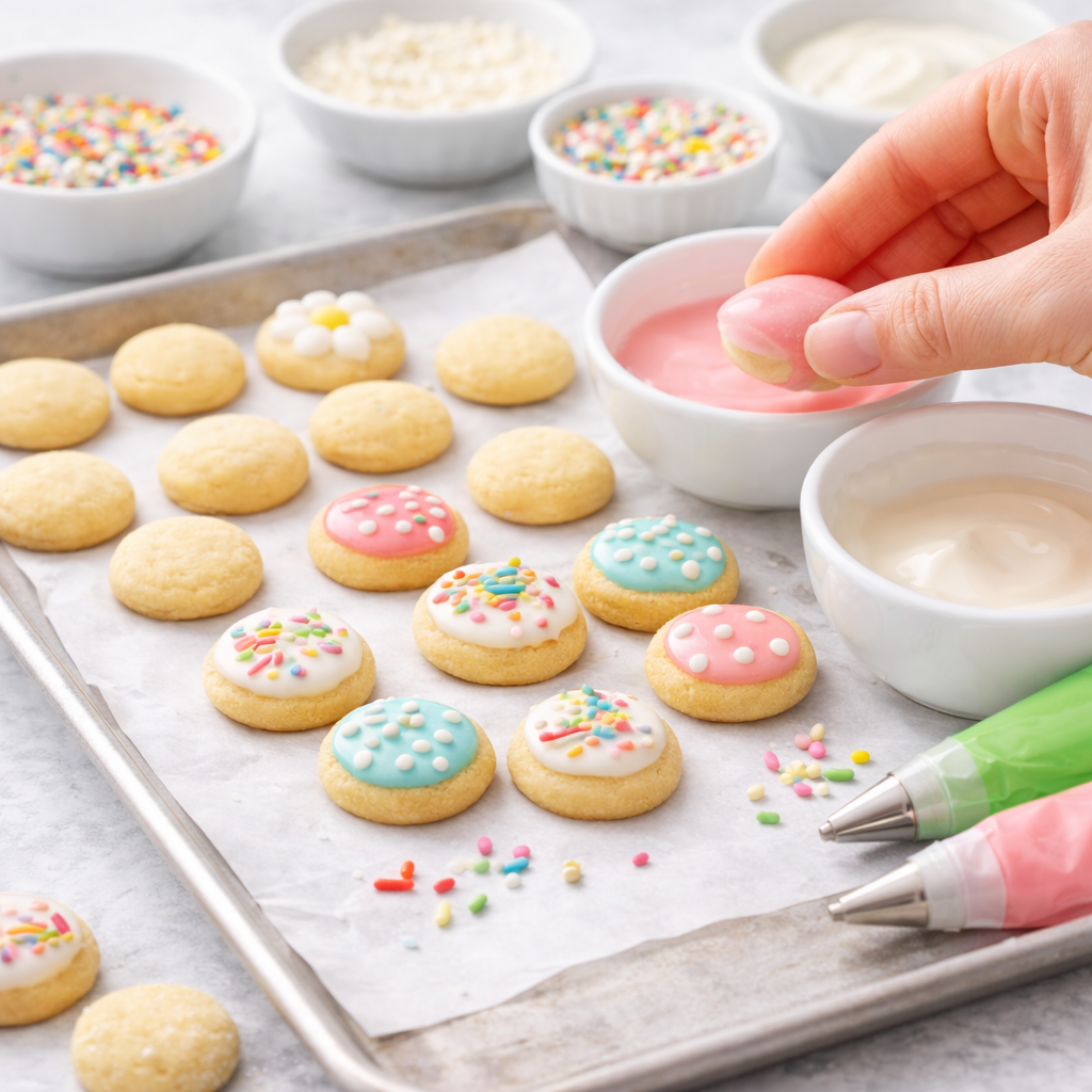 Decorating mini sugar cookies with glaze and sprinkles