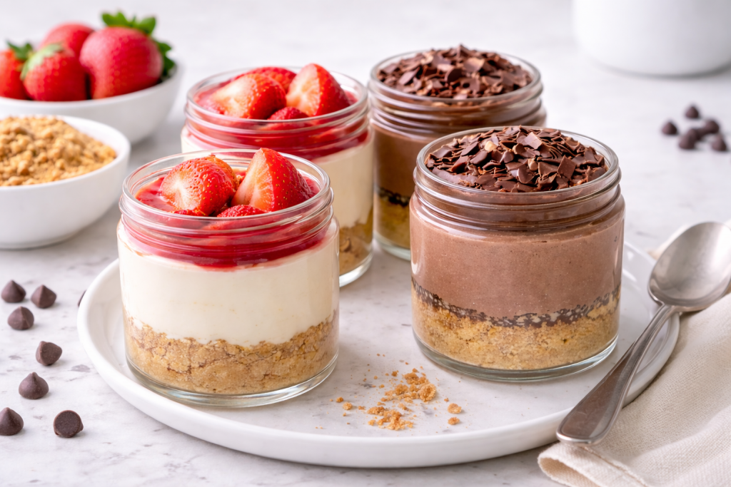 Mini no-bake cheesecake desserts in small jars on a kitchen counter