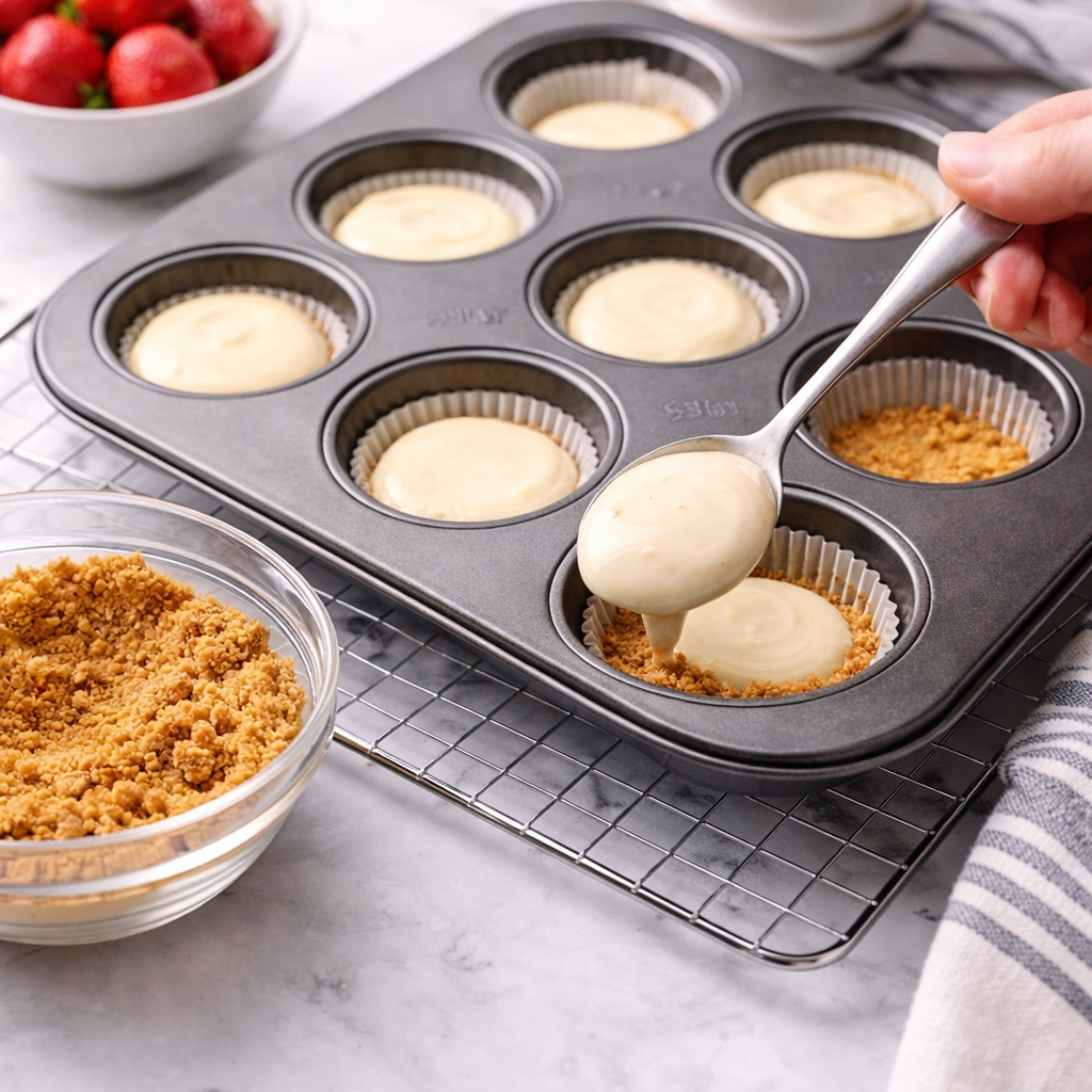 Cheesecake filling being spooned into muffin pan liners