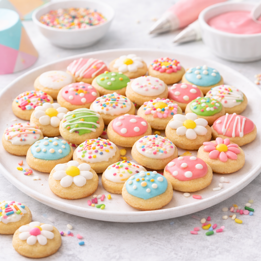 Finished mini sugar cookies decorated with icing and sprinkles