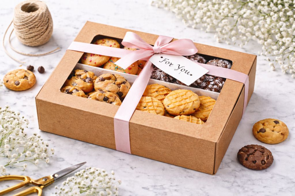 Finished mini cookie gift box with ribbon and gift tag