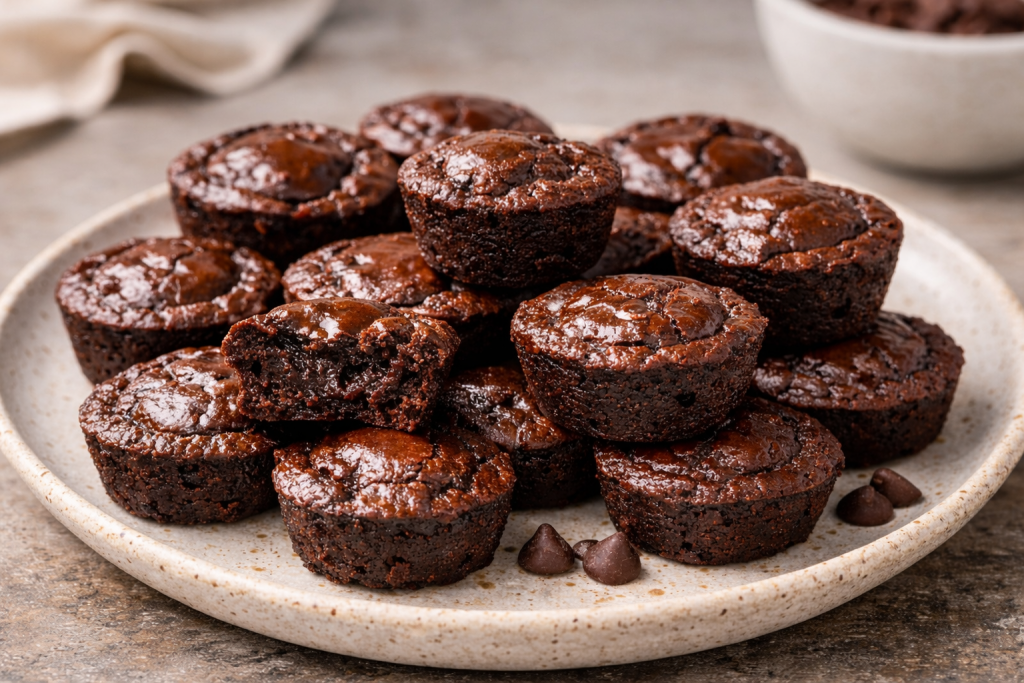 Close-up of fudgy mini brownie bites with soft centers