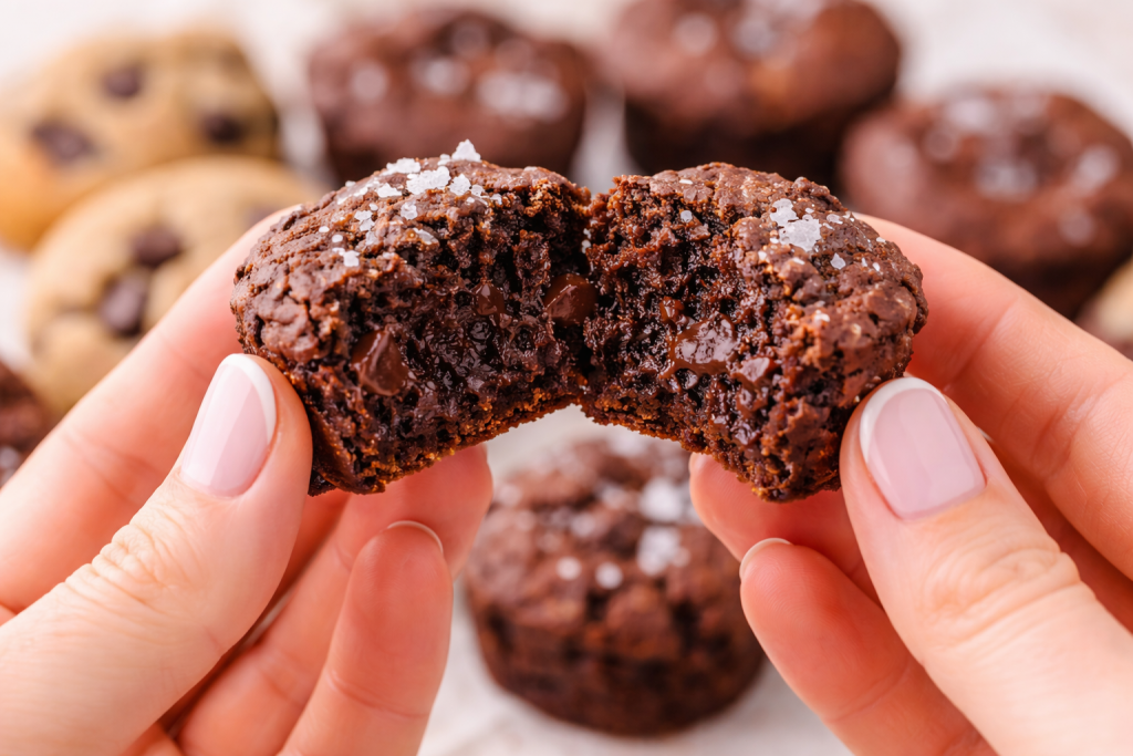 Vegan brownie bite broken open showing moist fudgy center