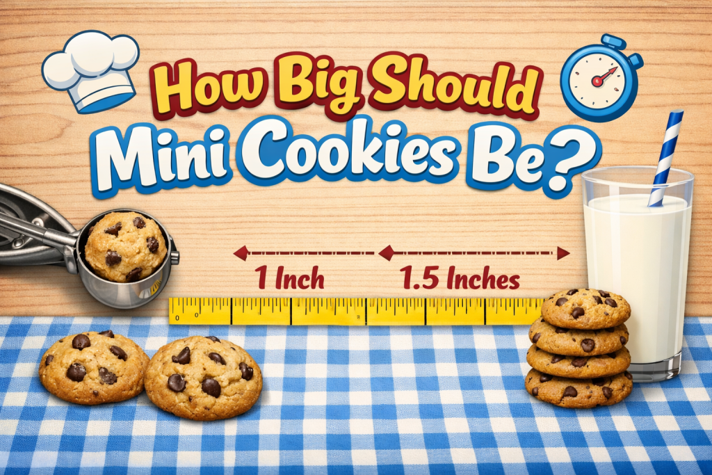 Mini cookies shown next to a measuring tape illustrating 1 inch to 1.5 inch cookie size for baking