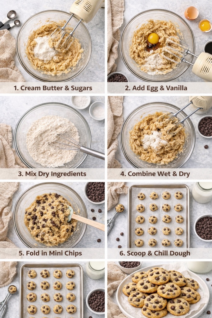 Step-by-step process of making mini chocolate chip cookies, including mixing dough, folding in chocolate chips, scooping, and baking