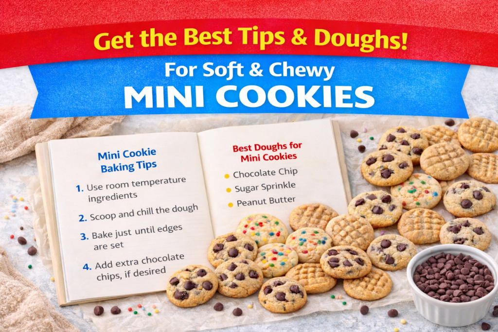 baking tips and best doughs shown with assorted soft and chewy mini cookies