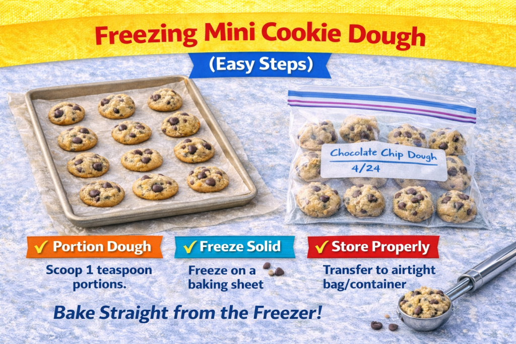 How to freeze mini cookie dough, showing portioned dough, freezing on a baking sheet, and storing in a freezer bag