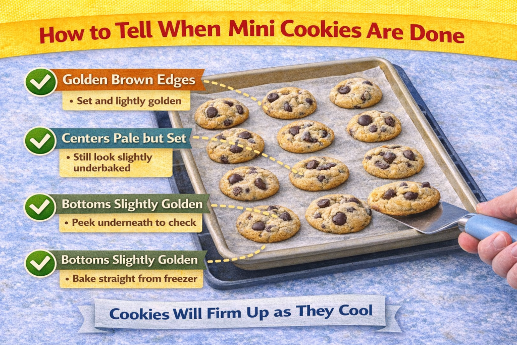 How to tell when mini cookies are done, showing golden edges, pale centers, and lightly golden bottoms