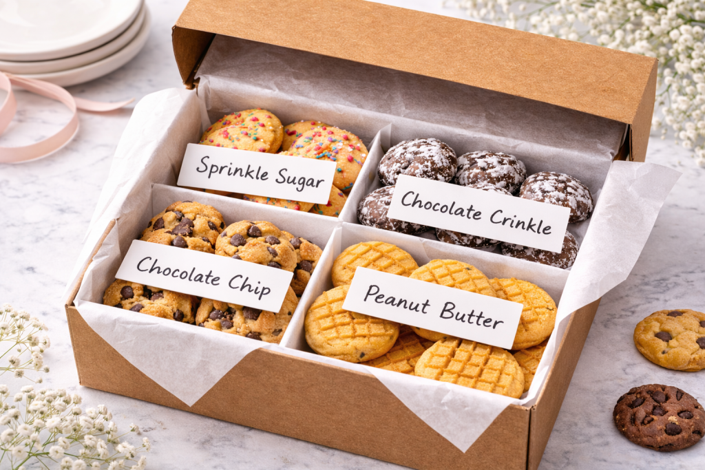 Flavor labels placed inside a mini cookie gift box