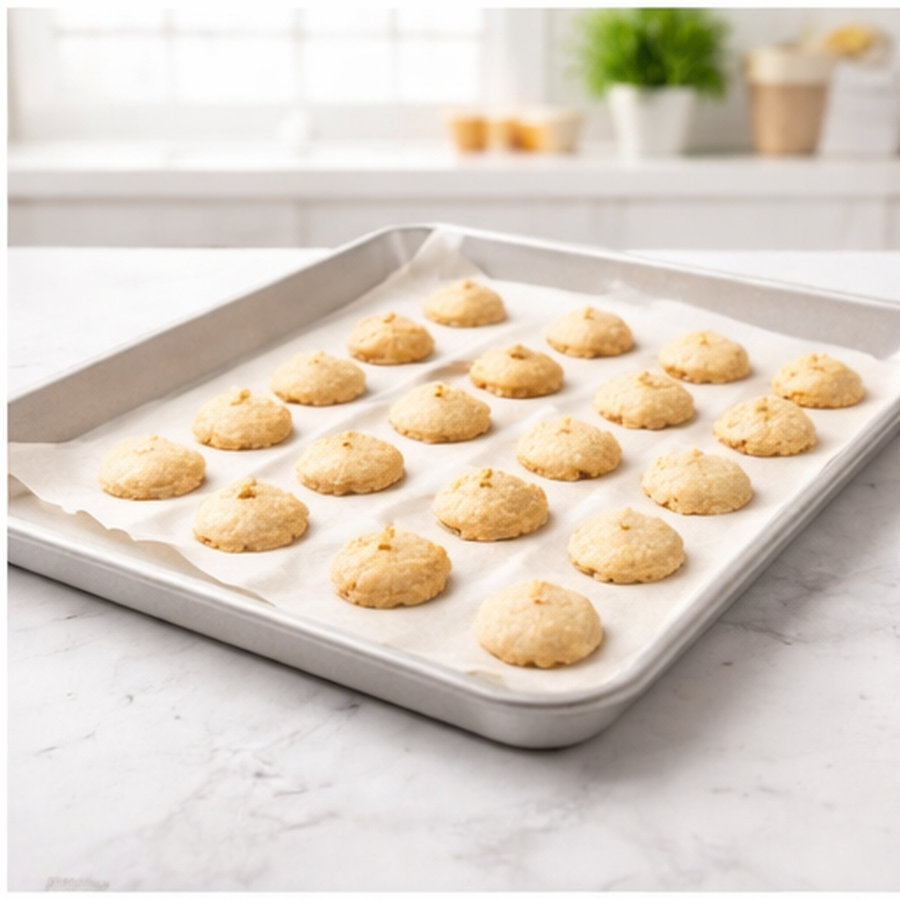 Mini cookies baking on a light-colored baking sheet lined with parchment paper