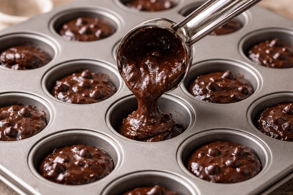 Brownie batter being portioned into a mini muffin pan