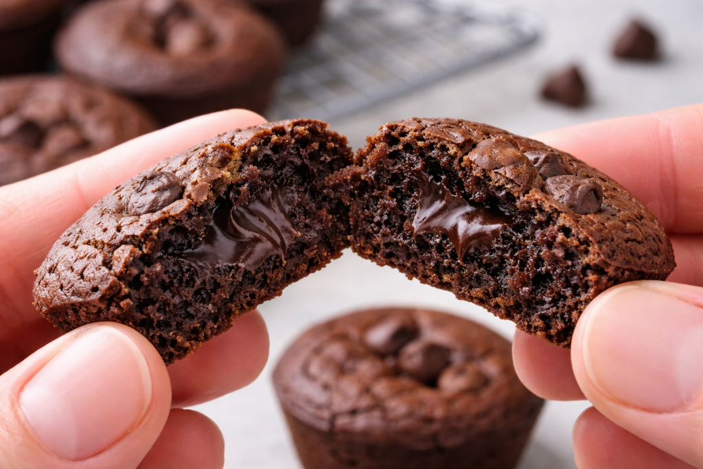 Mini brownie bite broken open showing fudgy center and set edges