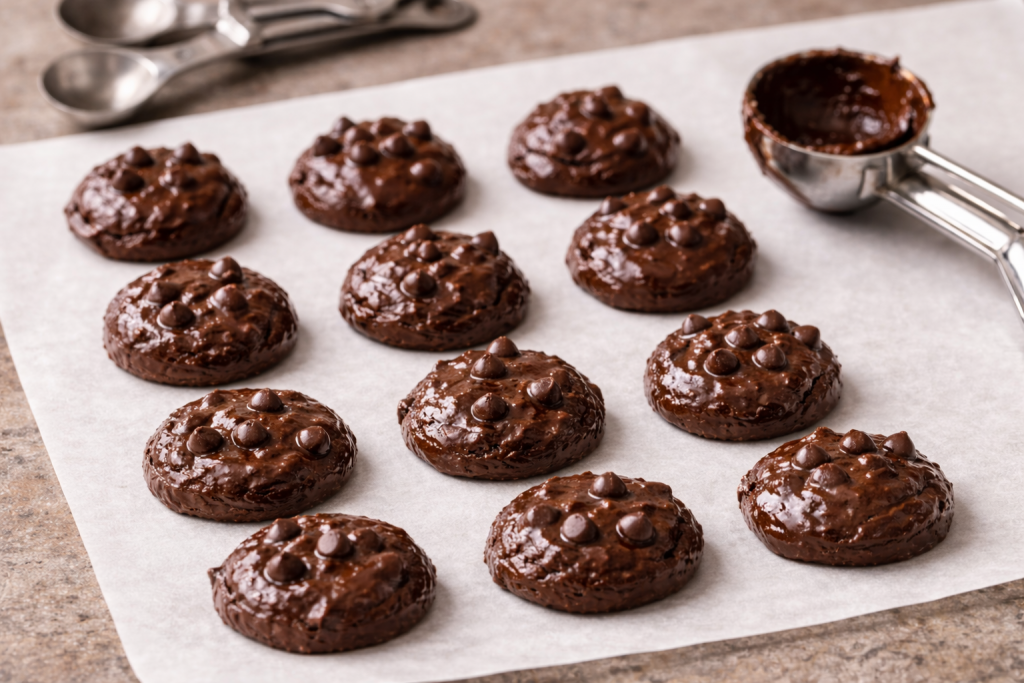 Uniform portions of brownie batter for mini brownie bites