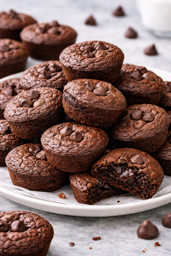 Mini brownie bites stacked on a plate ready to serve
