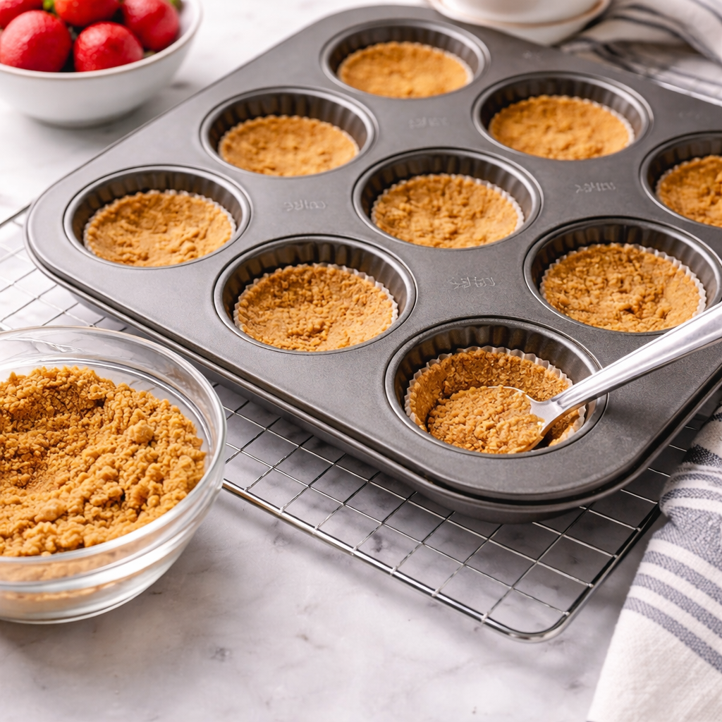 Graham cracker crust pressed into muffin pan liners
