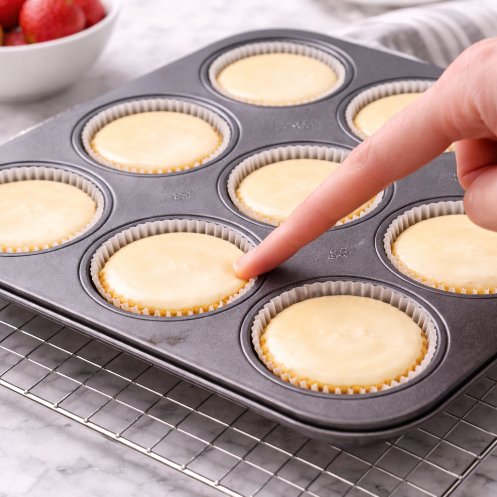 Baked mini cheesecakes showing set edges and soft center from this mini cheesecake recipe
