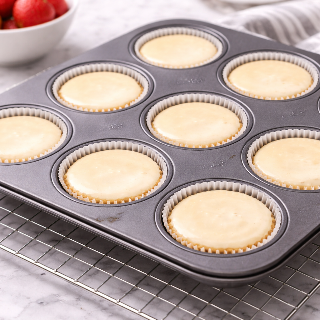 Mini cheesecakes cooling before chilling in the refrigerator