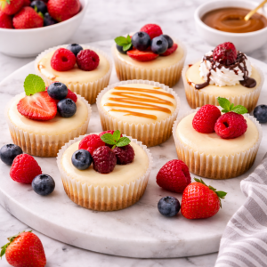 Mini cheesecakes topped with berries, caramel, and chocolate on a marble board