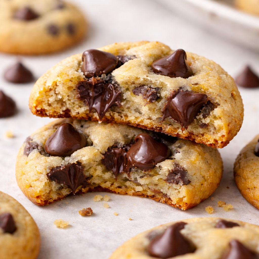 Mini chocolate chip cookie broken in half showing a soft, chewy interior with melted chocolate chips