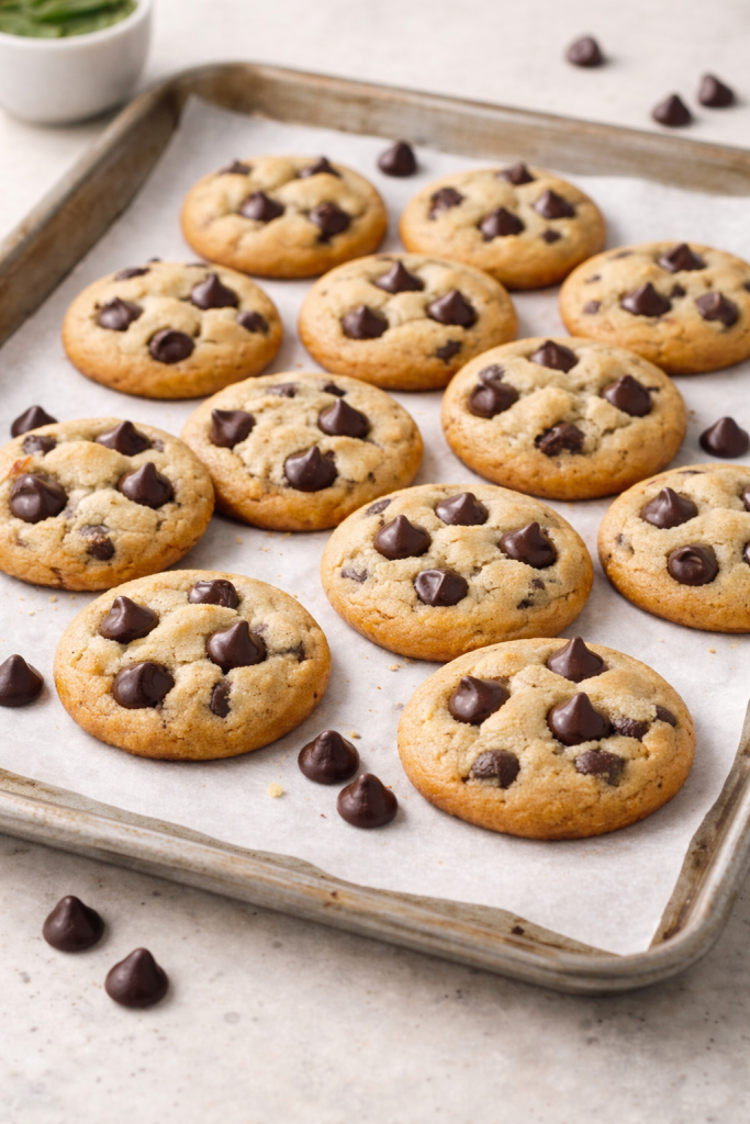 Freshly baked mini chocolate chip cookies with golden edges and melted chocolate chips on a parchment-lined baking sheet