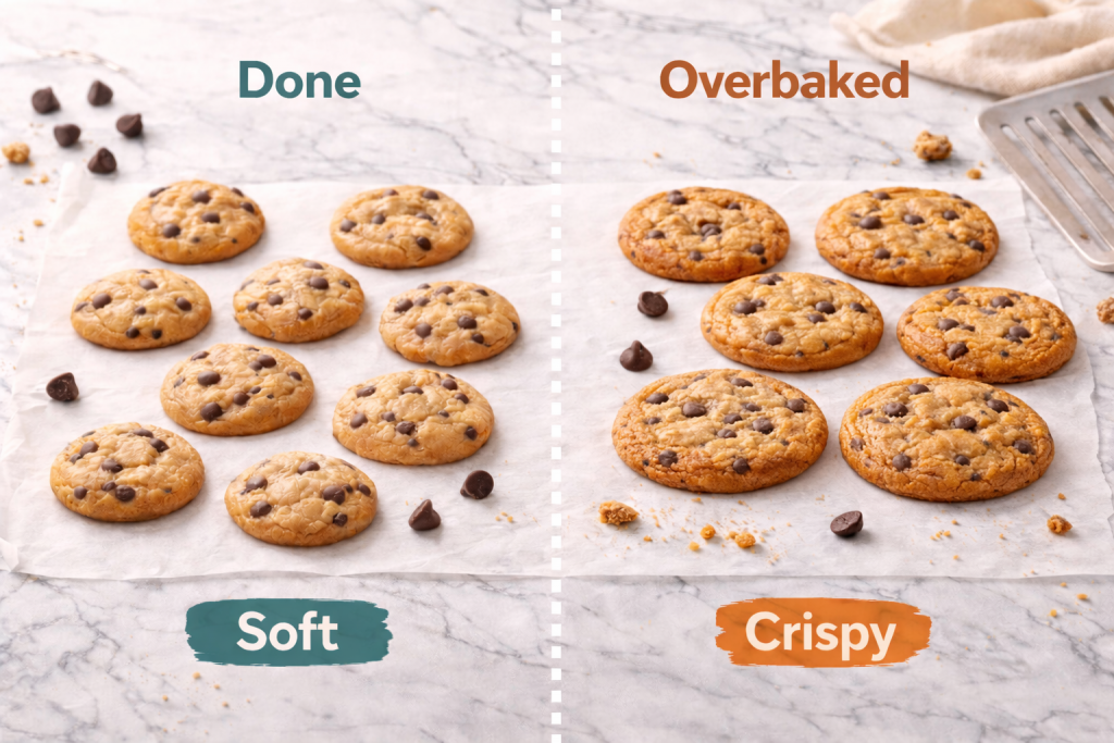 Mini cookies showing correct doneness and overbaked texture