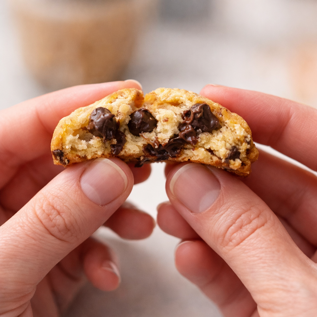 Mini cookie broken in half showing a soft center