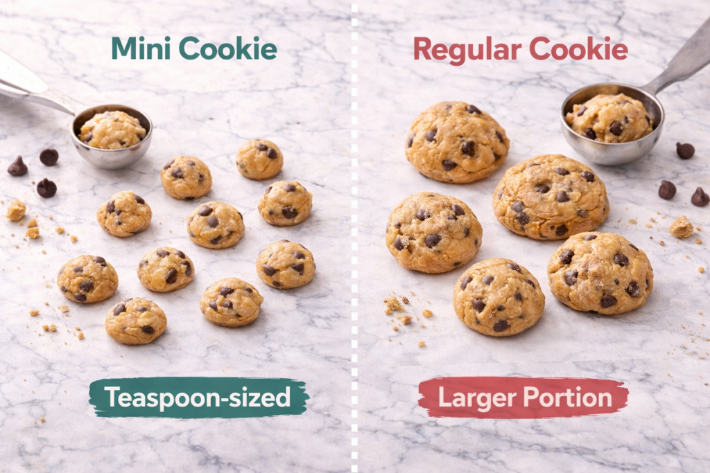 Mini cookie dough portions compared to regular cookie dough portions