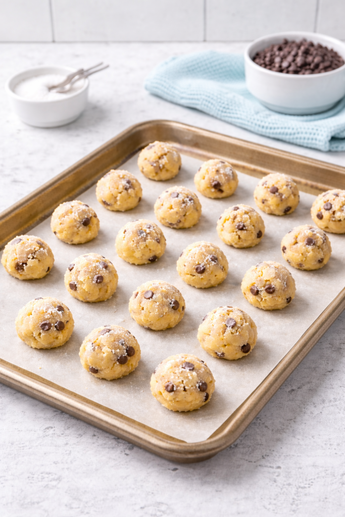 Portion to freeze mini cookie dough balls arranged on parchment paper on a kitchen counter