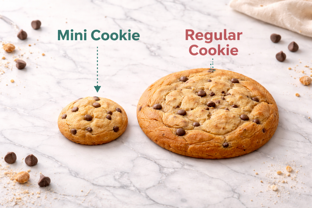 Size comparison between a mini cookie and a regular cookie