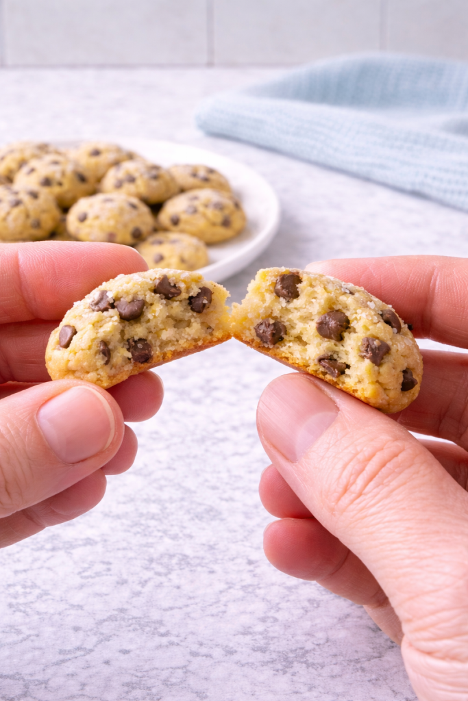 Mini cookie broken in half showing a soft interior after freezing