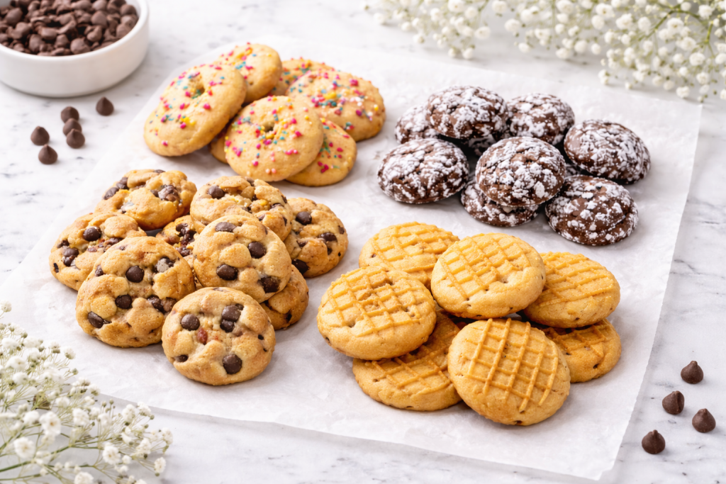 Assorted mini cookies in different flavors arranged on parchment paper