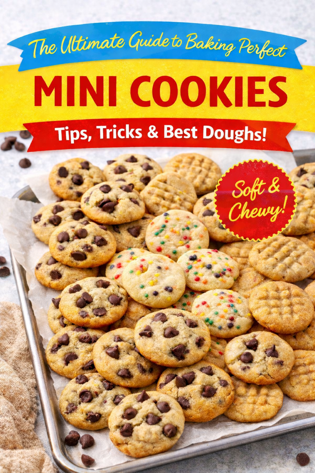 Assorted soft and chewy mini cookies on a baking sheet with colorful baking guide banner