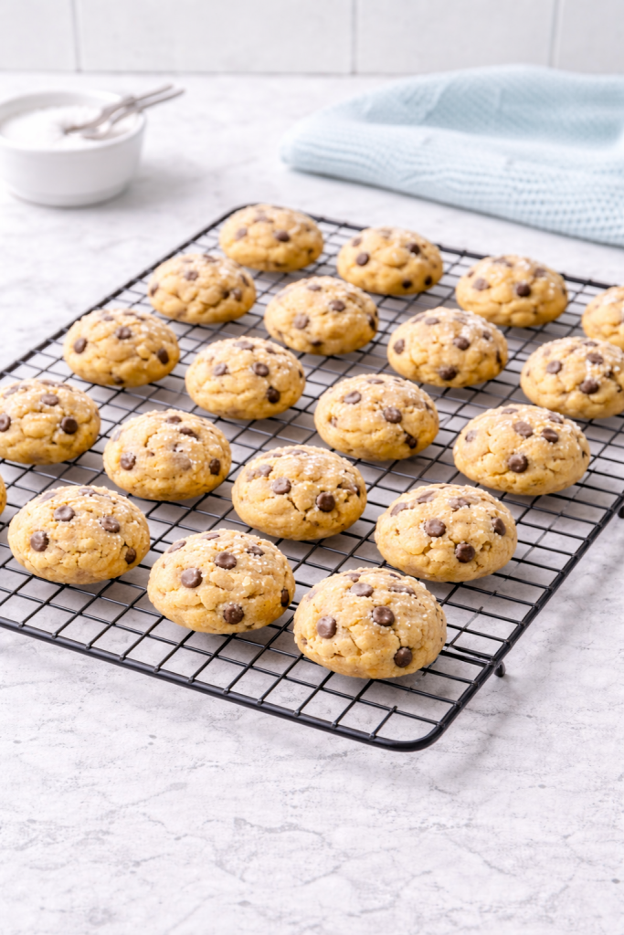 Freshly baked mini cookies cooling on a wire rack on a kitchen counter