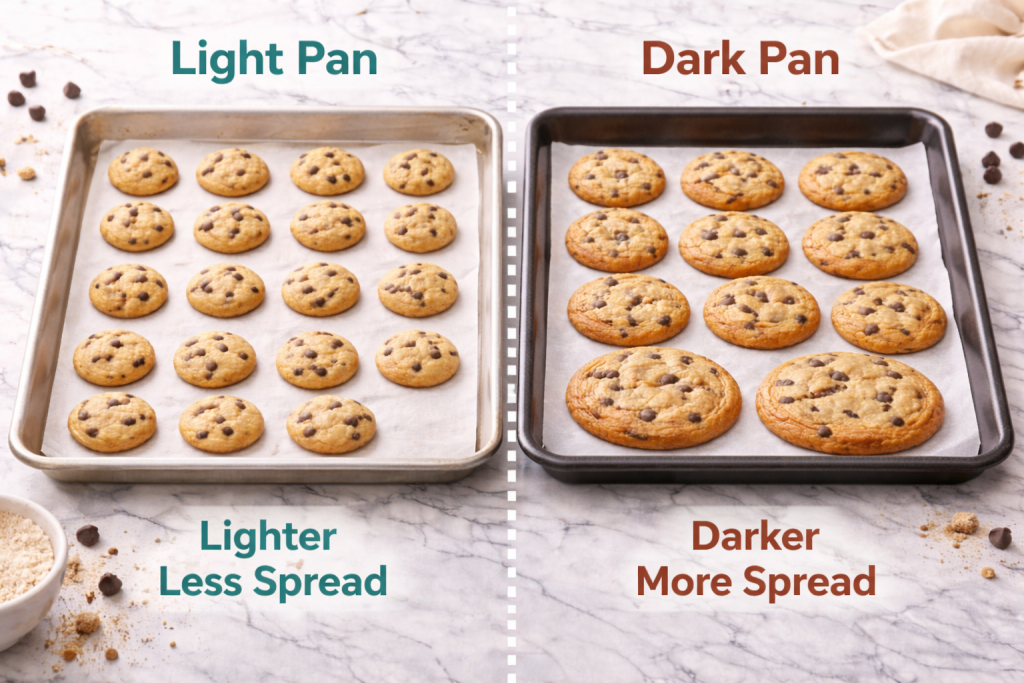 Mini cookies baked on light and dark baking sheets