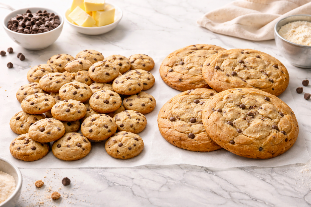 Baked mini cookies vs regular cookies displayed side by side