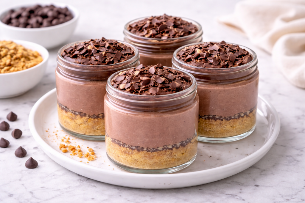 Mini no-bake chocolate cheesecakes topped with chocolate sauce