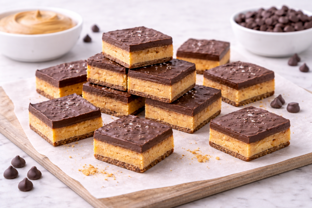 Mini no-bake chocolate peanut butter bars cut into bite-sized squares