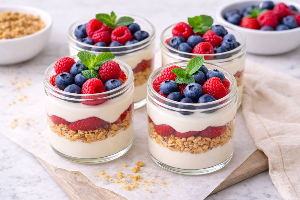 Mini no-bake dessert parfaits layered with fruit and cream